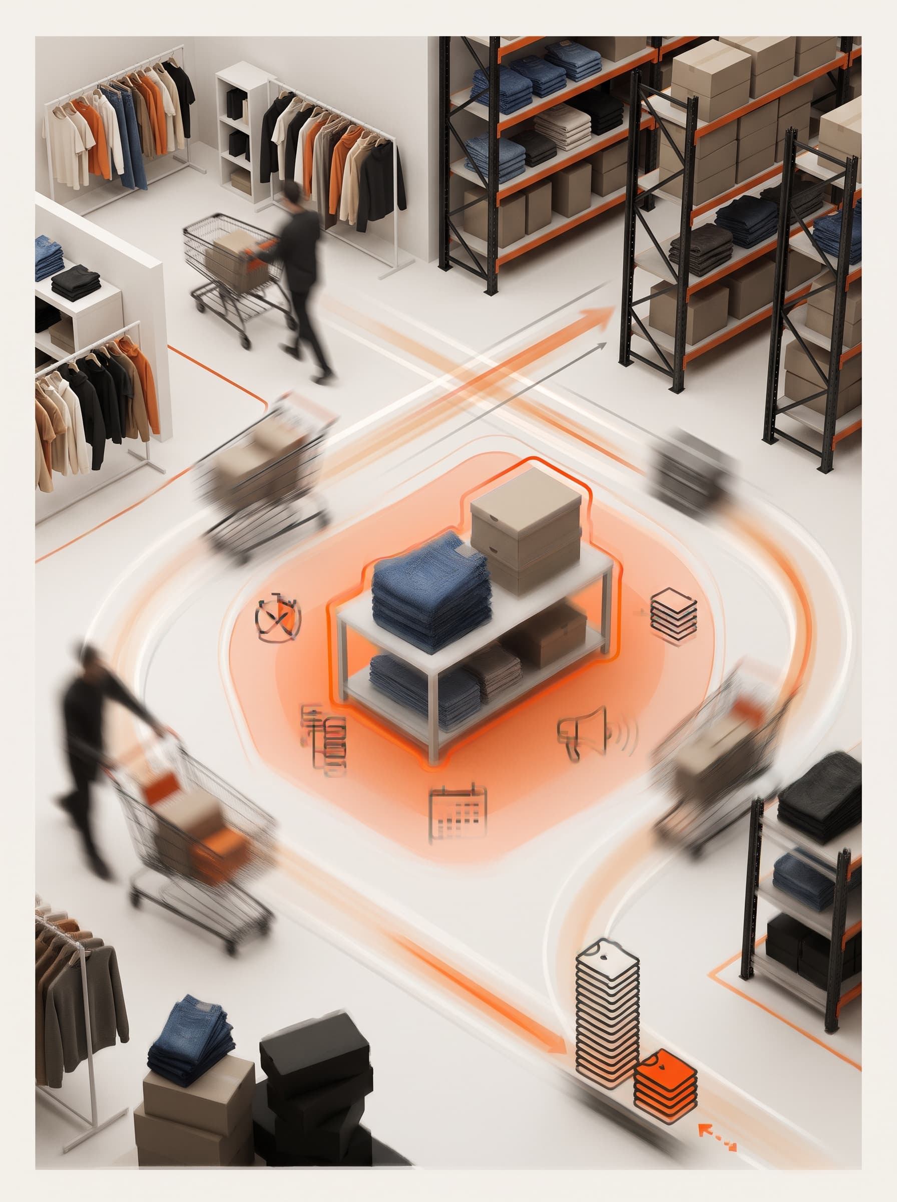 Moving inventory pathways surrounding a clearly identified group of stagnant stock.