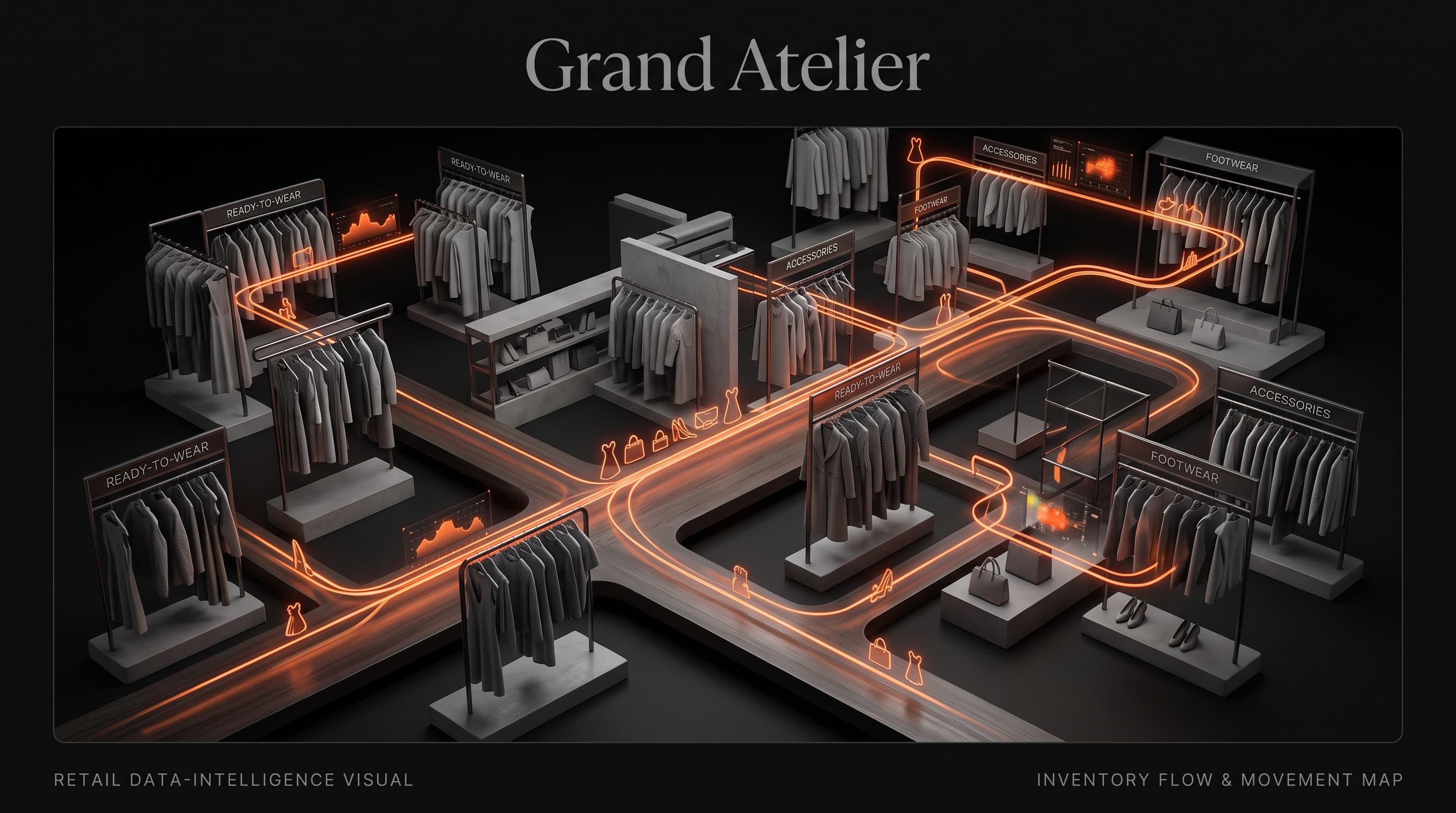 Grand Atelier retail data-intelligence visual: inventory flow and movement map