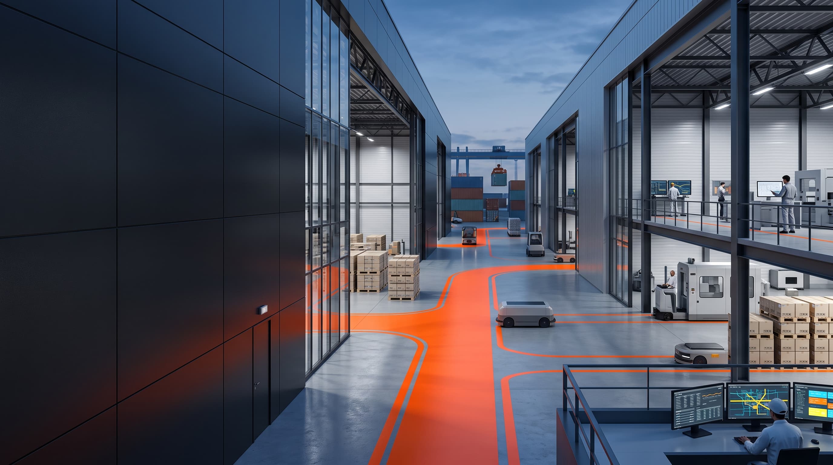 Meridian Logistics warehouse facility with autonomous movement paths